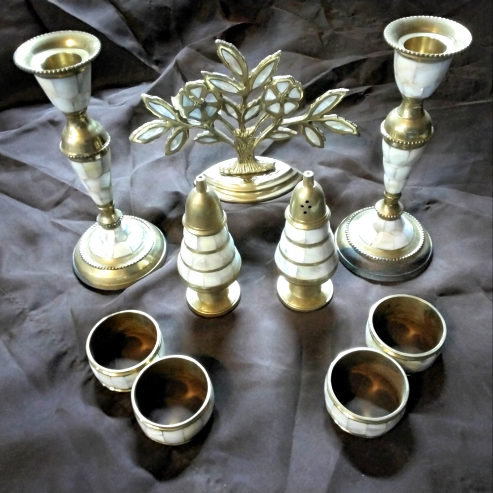 Vintage Solid Brass and Mother of Pearl 9-piece Table Setting